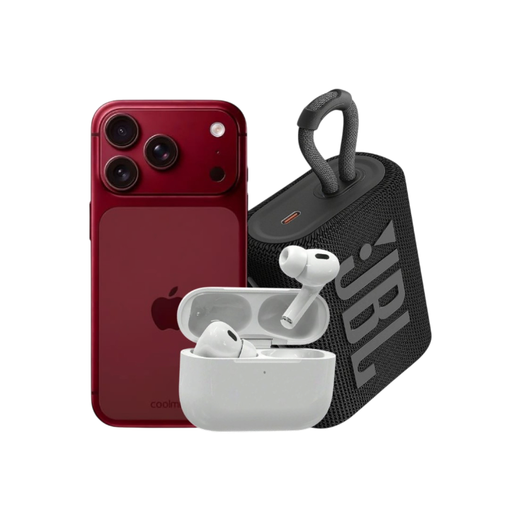Composição com celular, caixa de som JBL e fones sem fio